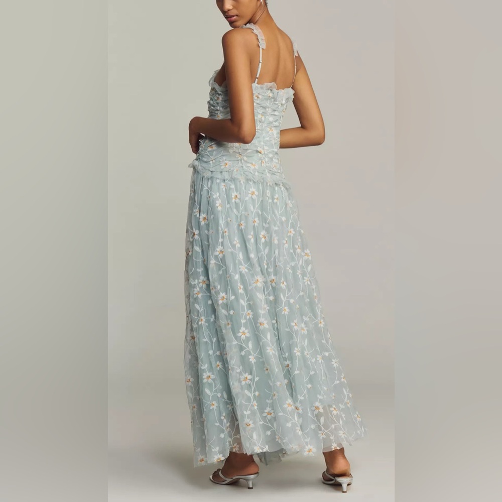Anthropologie Blue Tulle Maxi Dress NWT Floral Embroidered Ruched M - Picture 6 of 10
